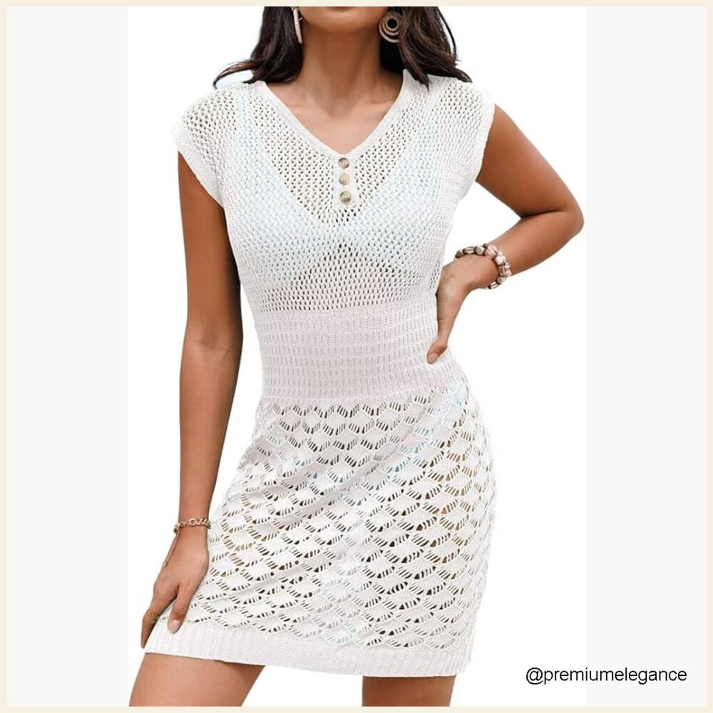 Small Crochet Mesh Coverup Short Sleeve V-Neck Beach Dress